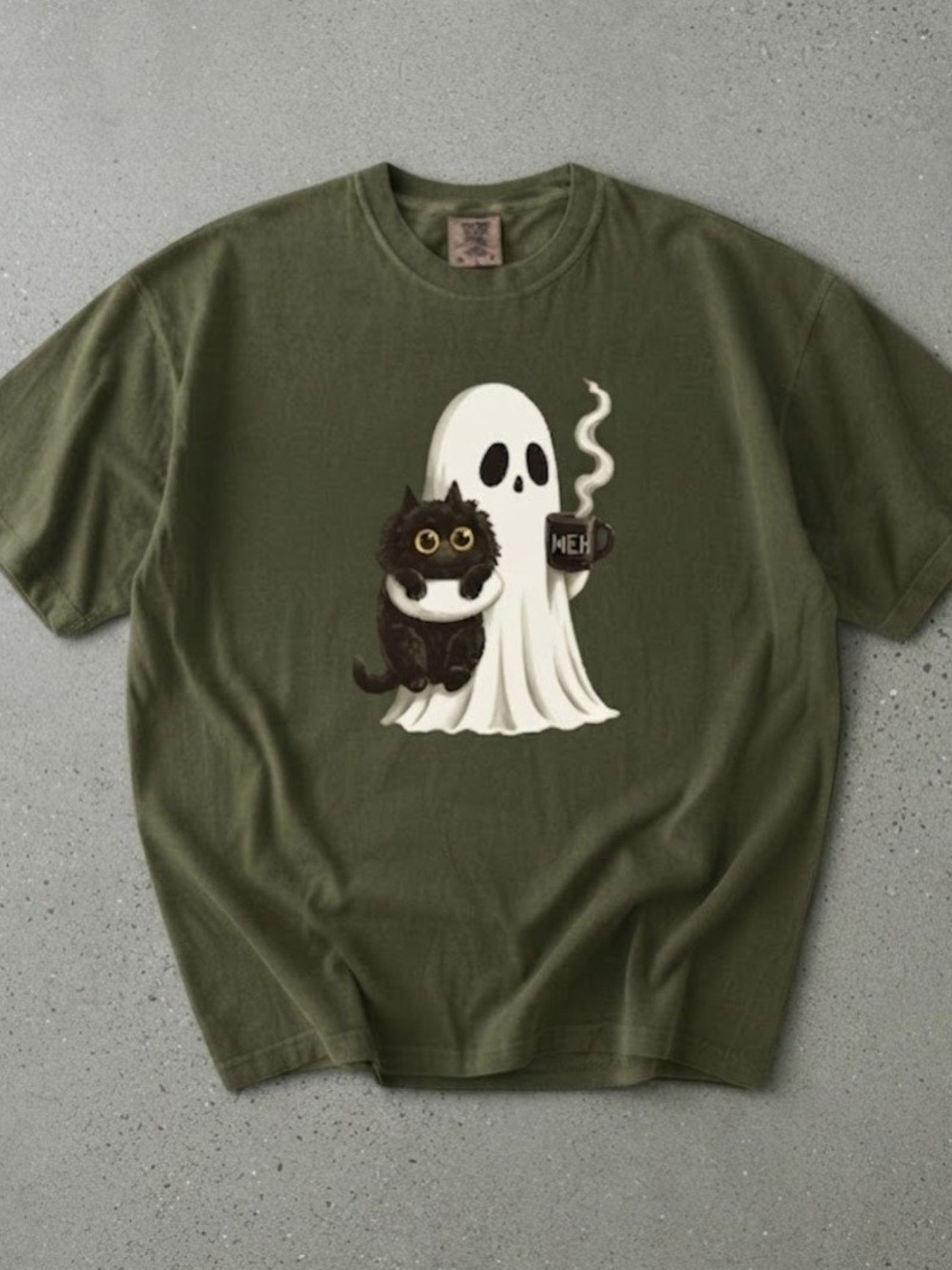 Ghost Drinking Coffee Black Cat Comfort Color T-Shirt Halloween